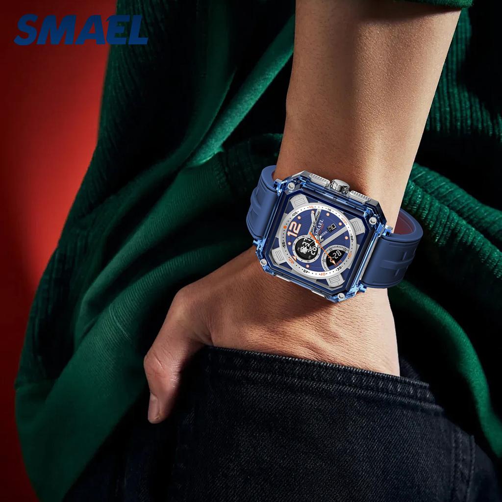 SMAEL 8121 Trendy Multifunction Men's Watch Dual Display Silicone Strap Waterproof Sporty Outdoor Male Watches Gift