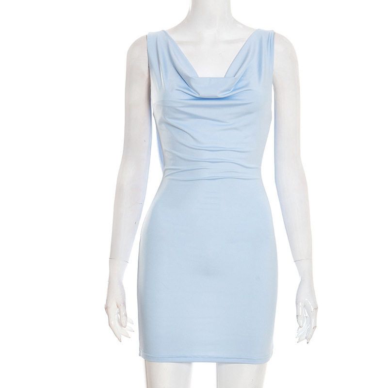 D25Ds585 European and American Women's Fashion Summer New Solid Color Casual Slim Fit Chain Detail Backless Swing Collar Sleeveless Dress