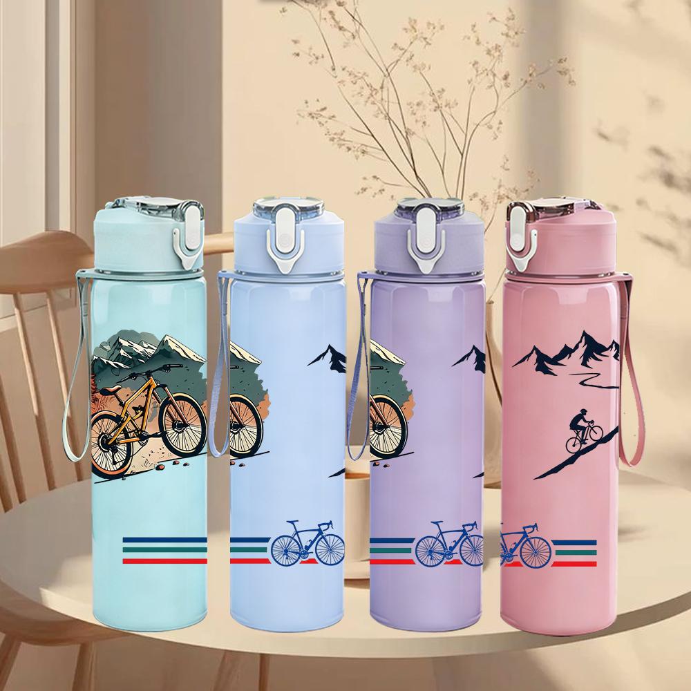 1PC Bike Mountain Bird Silhouette Layout 750ml Color Plastic Water Bottle Leakproof Flip Straw Lid For Sports Office Home Use