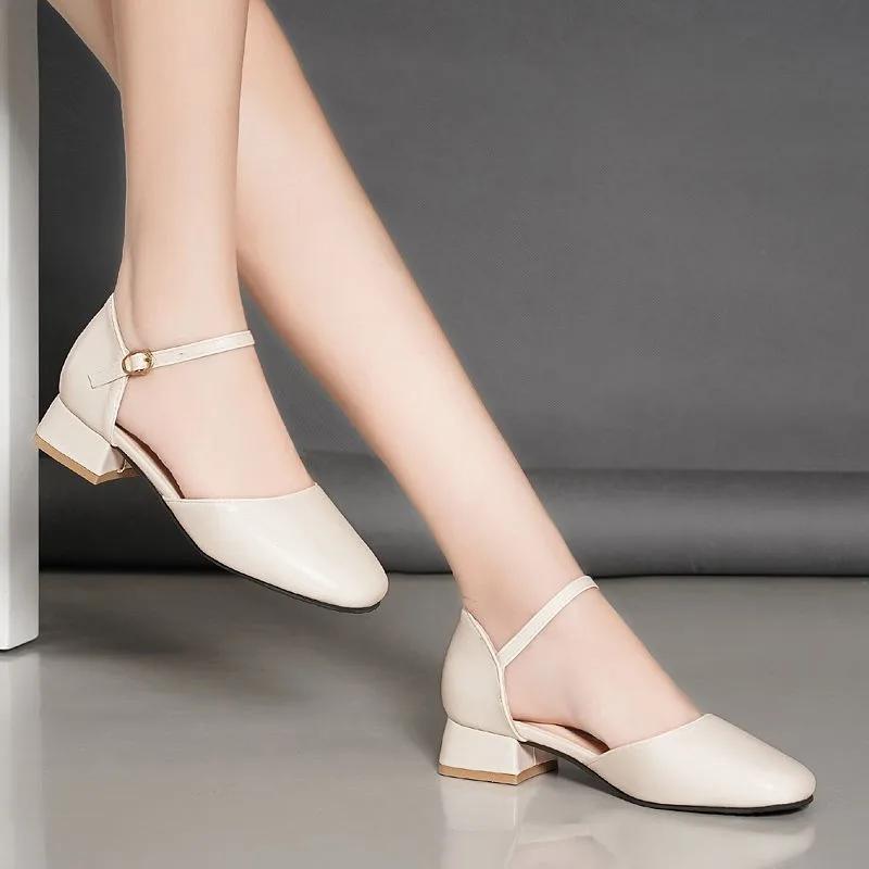 Women Low Heels Dress Shoes Cover Toe Ankle Strap Sandals Ol Office Lady Shoe Black Mary Janes Ladies Pumps Sandales Femmes