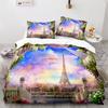 Paris Eiffel Tower Themed Duvet Cover Set City Landscape Sky Cloud Comforter Cover Home Decor Romantic Bedspread Cover King Size