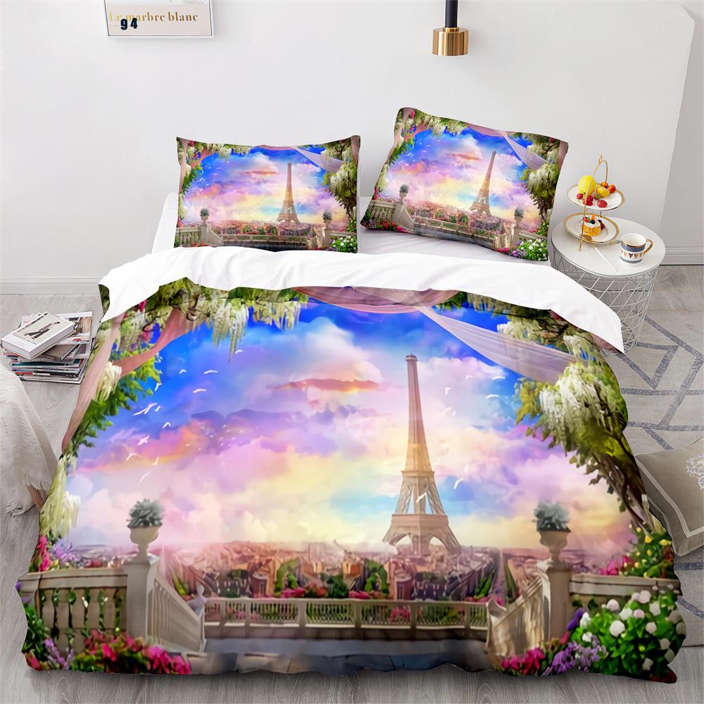 Paris Eiffel Tower Themed Duvet Cover Set City Landscape Sky Cloud Comforter Cover Home Decor Romantic Bedspread Cover King Size