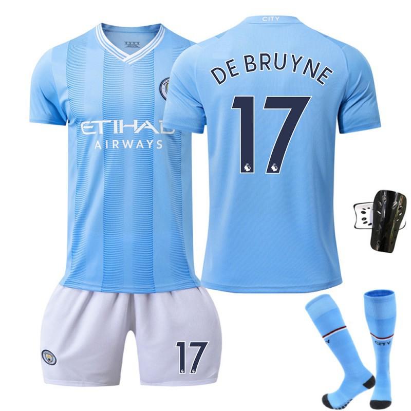 Manchester City 23/24 Home Football Jersey 17 De Bruyne 9 Haaland 10 Grealish Blue Match Edition with Socks