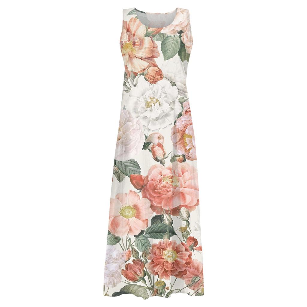 Женское повседневное удобное хлопковое карманное платье без рукавов с цветочным принтом