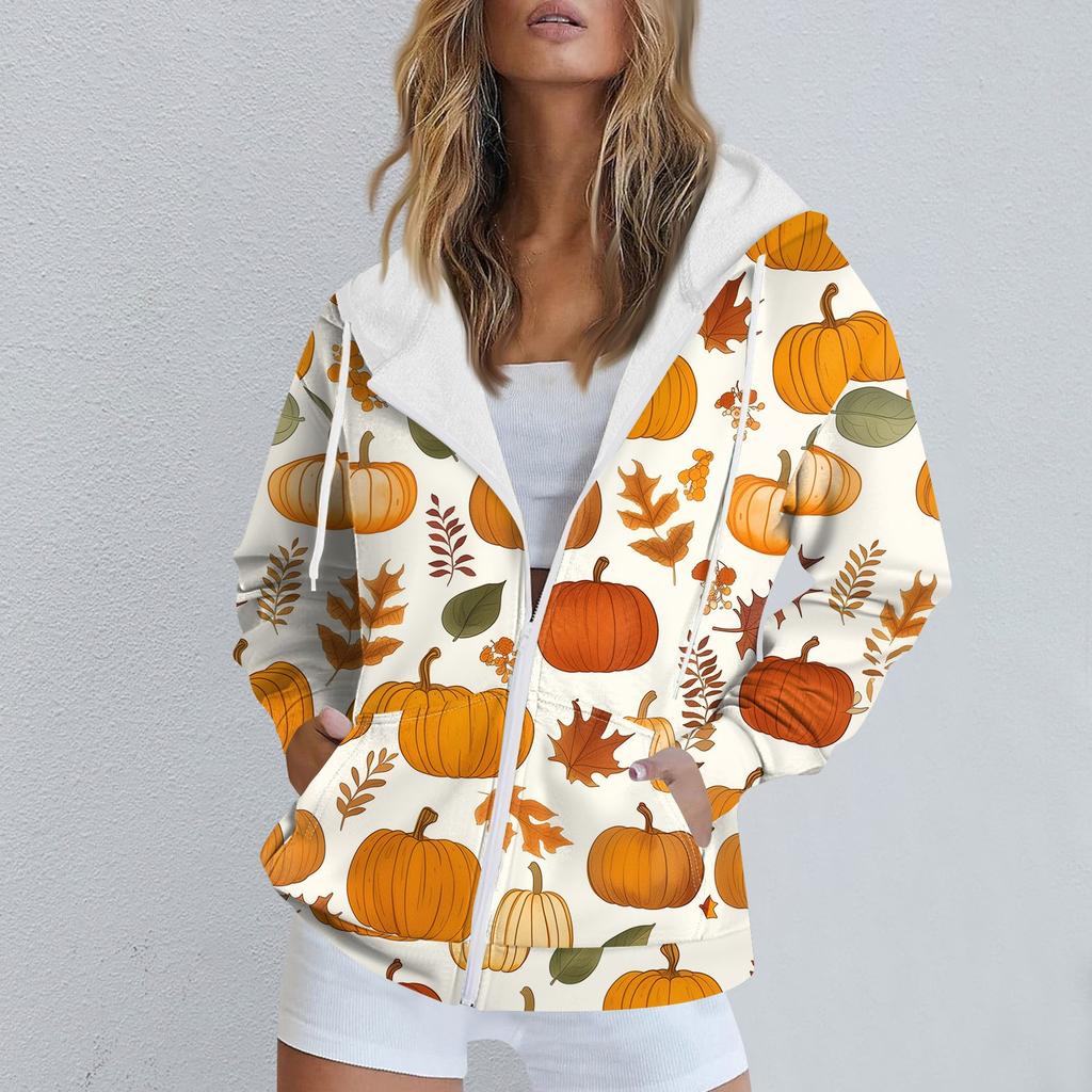 Женская повседневная спортивная одежда с принтом на Хэллоуин, осенне-зимняя куртка с капюшоном и длинными рукавами, с карманом на молнии