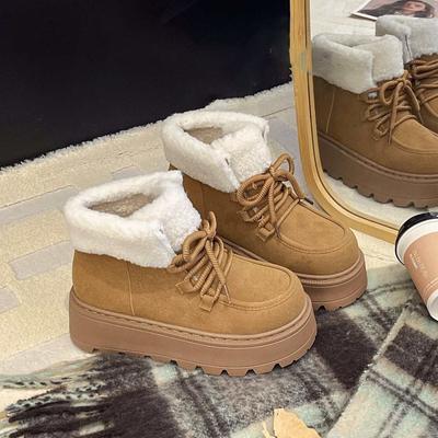 Увеличивающие рост туфли на платформе-маффине, универсальные хлопковые туфли, модная кожа, зима 2025, новинка, бархатная подкладка, утолщенный мех, цельнолитая толстая подошва, женские зимние ботинки