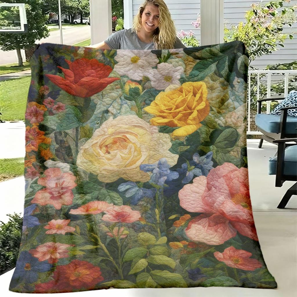 Vintage Floral Quilted Blanket Soft Plush Polyester Throw with Vibrant Red, Yellow, Blue & Pink Flowers, Green Leaves Design for Sofa, Bed, or TV AllS