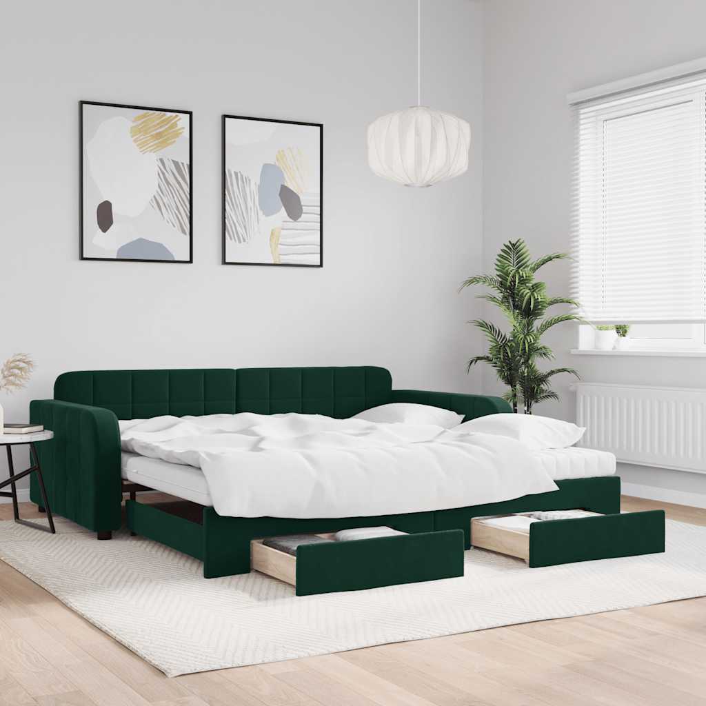 Extendable Daybed with Drawers Dark Green 100x200 cm Velvet