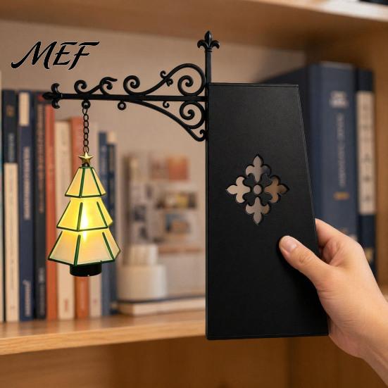 Hanging Window Ornament Christmas Tree Bookshelf Lantern, Vintage Iron Wall Decor, LED Warm Battery Operated Light Bookend Ornament, Rustic