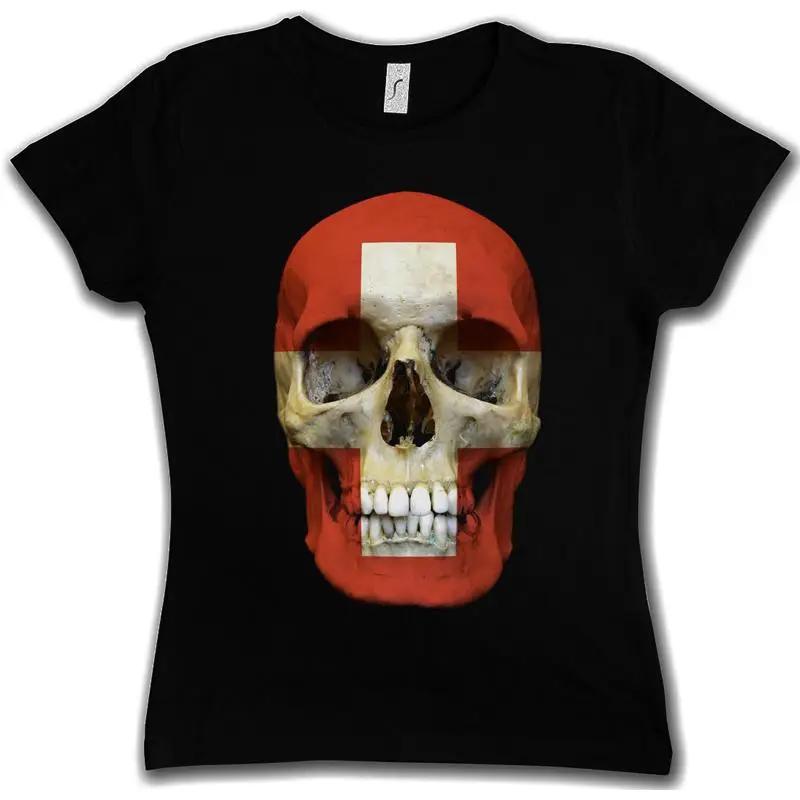 CLASSIC SUISSE SKULL FLAG WOMen GIRLIE T SHIRT Biker MC Banner Switzerland