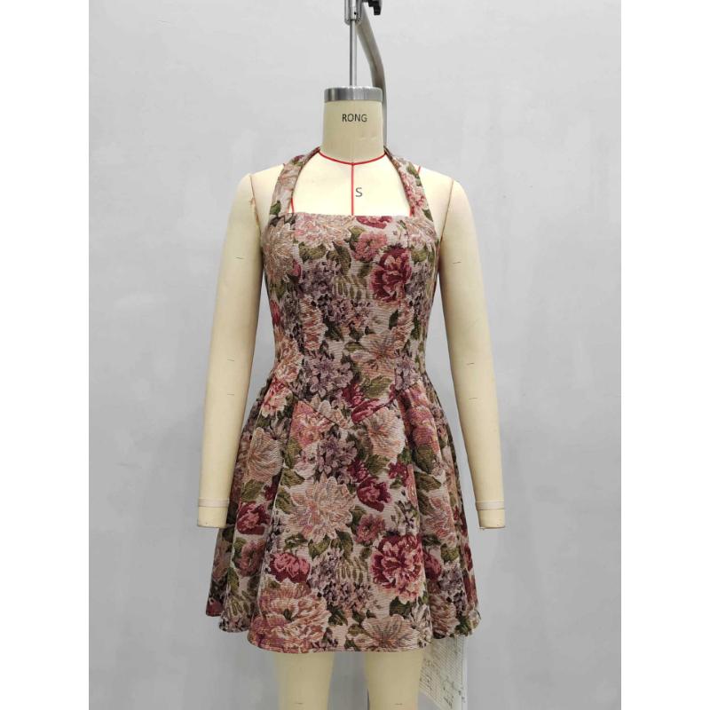 Women Halter Square Neck Floral Jacquard Mini Dress Backless High Waist Flared Skirt Elegant Slim Fit Summer Party Club Cocktail Short Sundress