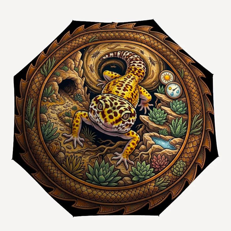 Desert Gecko Mandala pattern umbrella, portable and foldable design, 8 ribs, a casual accessory for Halloween, Christmas, and birthday gifts.