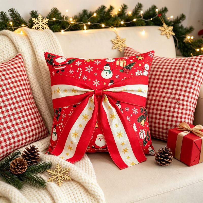 Christmas Pillow Cover With Bow Tie Decorative Square Cushion Case Sofa Chair Living Room Holiday Home Decoration
