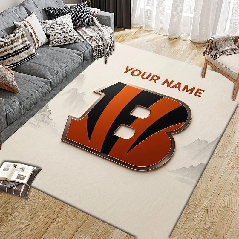 Custom Name,Cincinnati Bengals Home Sofa Decoration for Living Room & Bedroom, Non‑Slip Play Flannel Floor Mat for Game Room