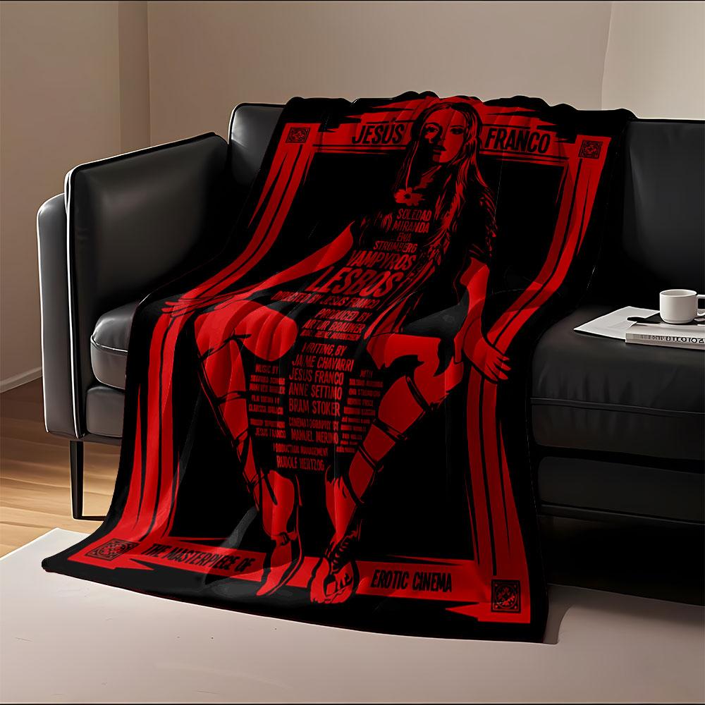 The pattern shows a red-black design featuring a central female figure. for all seasons blanket lunch break throw gift