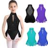 Kids Girls Modern Contemporary Dance Leotard Sleeveless Sparkly Rhinestone Cutout Back Mesh Splice Ballroom Unitard