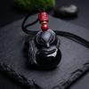 Натуральный Обсидиан Кулон-Лиса на Цепочке, Защитный Амулет с Красной Бусиной-Мантрой, Матовый и Глянцевый Целебный Кристалл, Унисекс Украшение Подарок