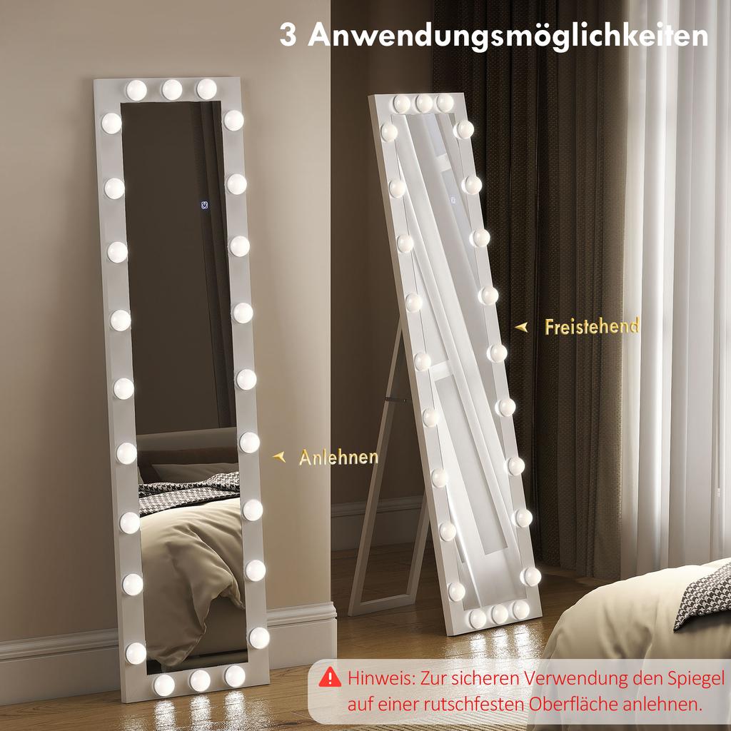 Зеркало в полный рост 150x40 см LED-зеркало с 24 лампочками, 3 цветовыми температурами, напольное или прислоняемое, Белое