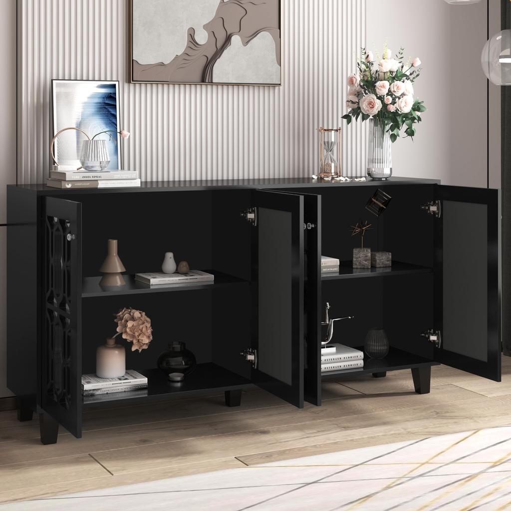 Sideboard Kommode verspiegelte, Anrichte mit 4 Türen, Moderne Beistellschrank Mehrzweckschrank mit verstellbarem Regal