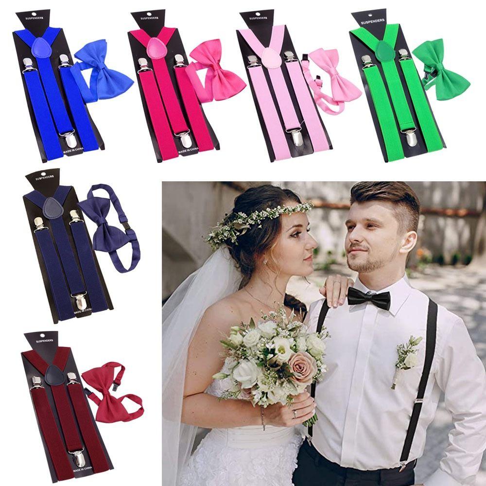 Gift Men Women Elastic Leather Suspenders Braces Adjustable Straps Bow Ties Set Unisex Suspenders