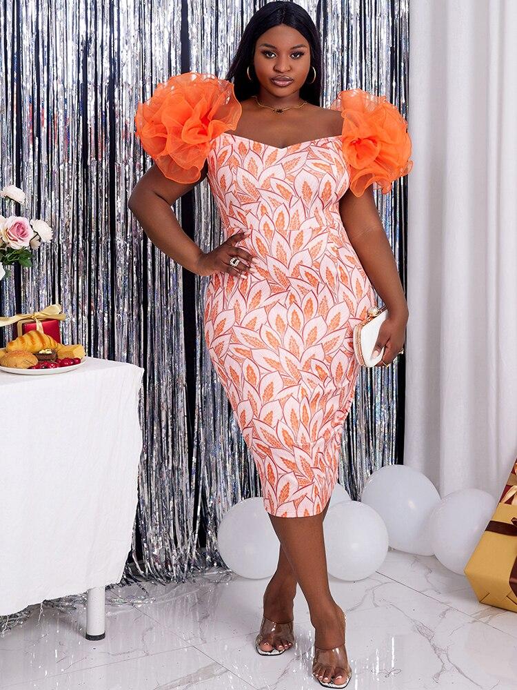 Оранжевые платья больших размеров, облегающие сетчатые рукава с высокой талией, сексуальные длинные наряды для женщин, коктейльные платья для вечеринок и клубов