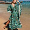 Plus Size Boho Cover Up, Women's Plus Painting Print Bat Sleeve V Neck Split Hem Maxi Cover Up Dress