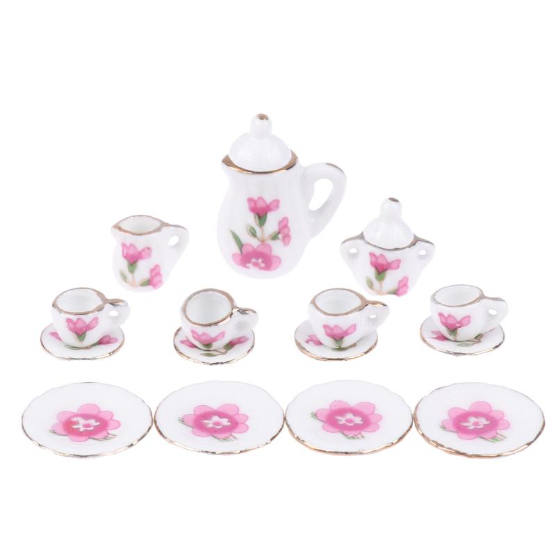 1Комплект 1:12 миниатюрных керамических чайных сервизов для кукольного домика, чашка, чайник, поднос, цветы, столовые приборы, кухонный декор, игрушечные аксессуары для кукольного домика