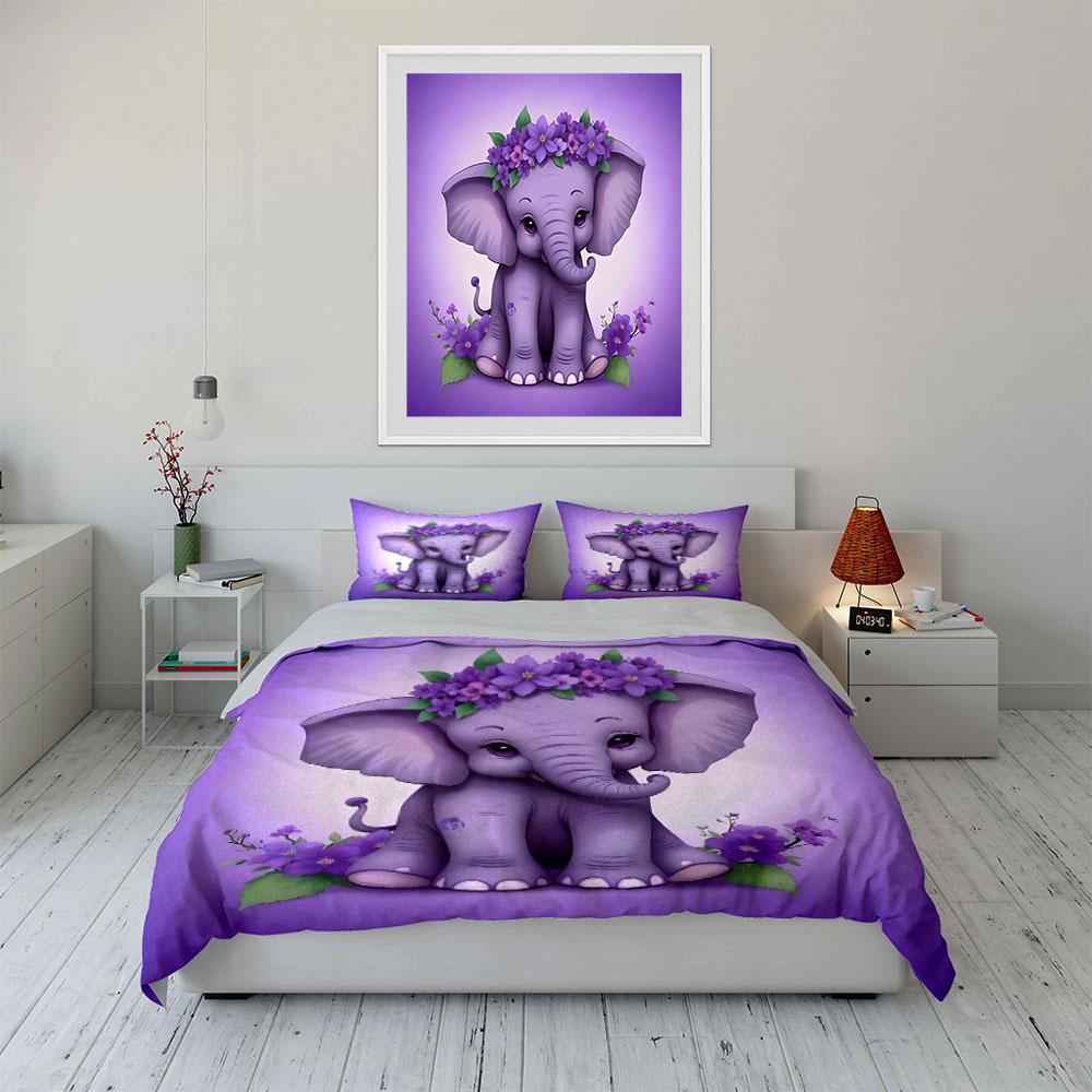 Adorable Purple Elephant Decor Set kid's and adults' bedroom decor, Exquisite three-piece bedding set gift