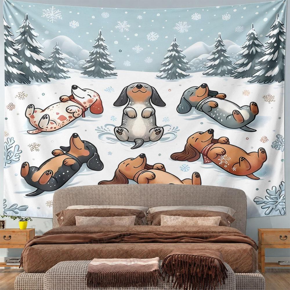 Dachshunds Playing in Snow Scene Pattern Wall Hanging Tapestry Decorative Tapestry Home Decor for Bedroom and Living Room