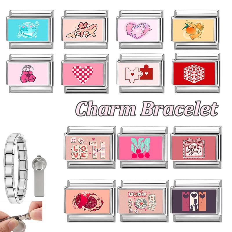 New Pink Love Series Y2K Cute Cat Dolphin Heart Italian Charm Links Fit 9mm Stainless Steel Bracelet Girls' DIY Making Jewelry