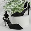Summer New Pointed High-heeled  Sandals Shoes for Women, Red Suede Pearl Straight Buckle with Thin Heels Shoes Women