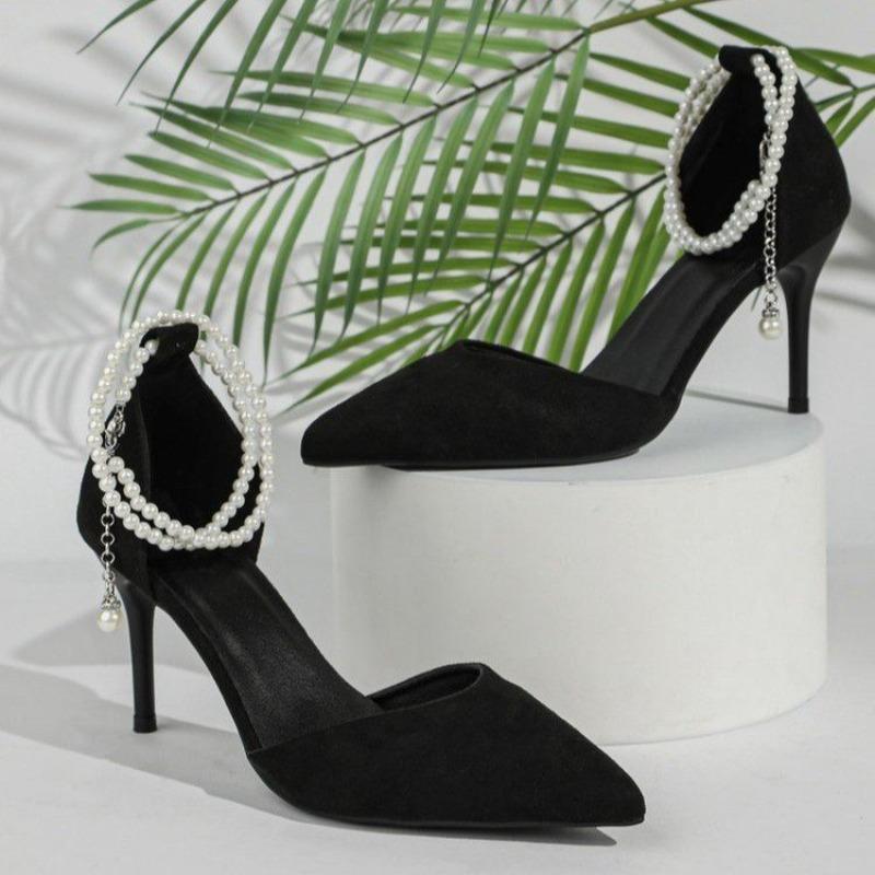 Summer New Pointed High-heeled Sandals Shoes for Women, Red Suede Pearl Straight Buckle with Thin Heels Shoes Women
