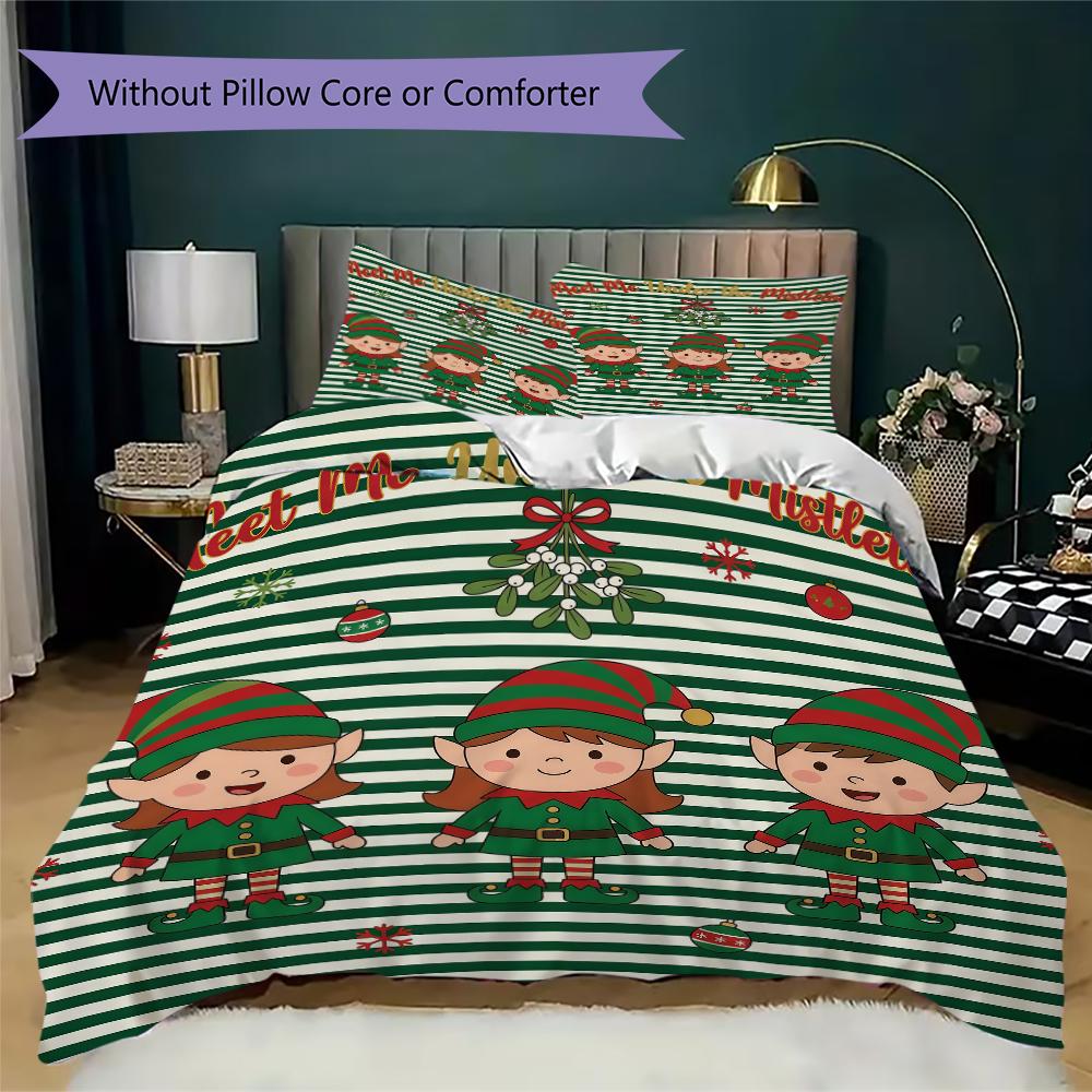 Elf Trio Mistletoe Pattern Bedding uilt Set uilt Cover Pillowcase Home Decoration Birthday Gift (1 * duvet cover + 2 * pillowcase without core)_XIA