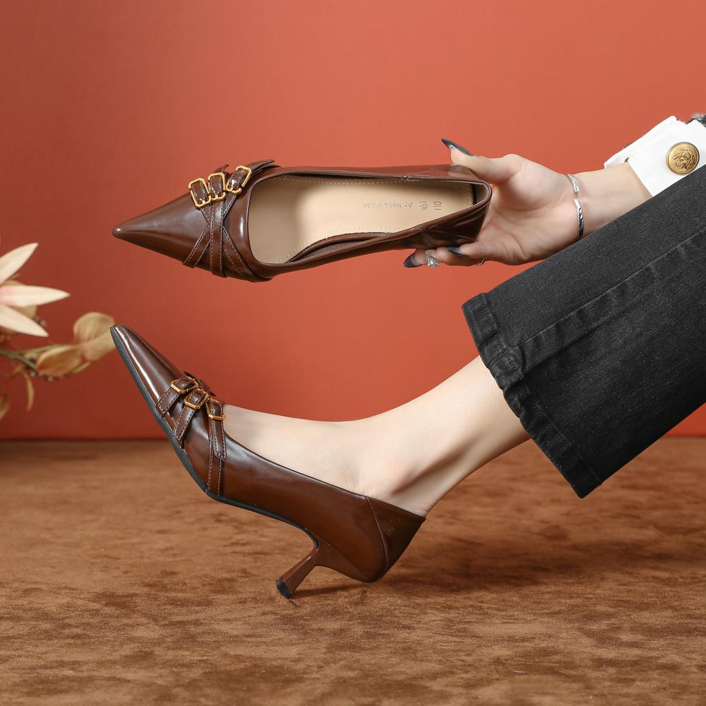New Shallow Fashion Shoes Thin Heel Pointed Small Fragrant Fashion Shoes European and American Brown Women's High Heels High Sense