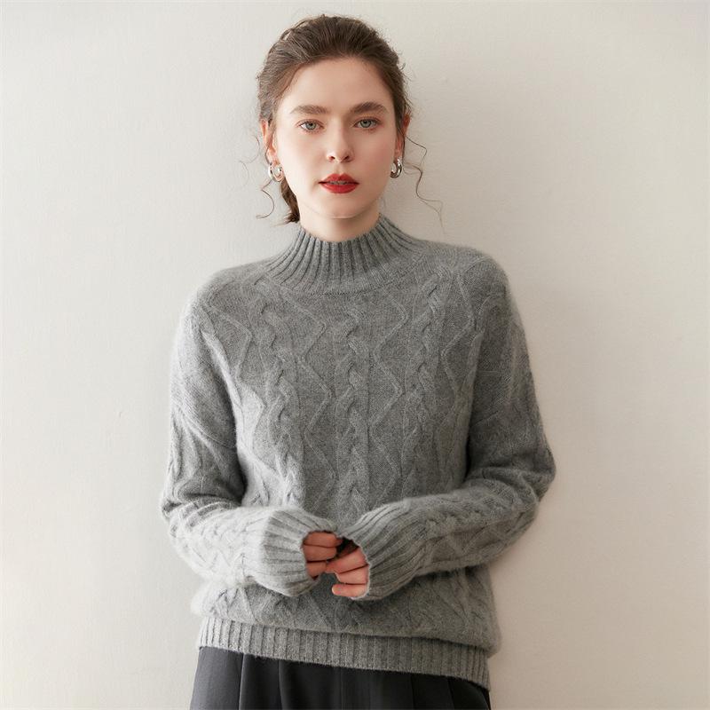 Soft & Cozy Baby Cashmere Women's Sweater - 2025 Autumn/Winter, Half-High Collar, Thick Cable Knit for Warmth