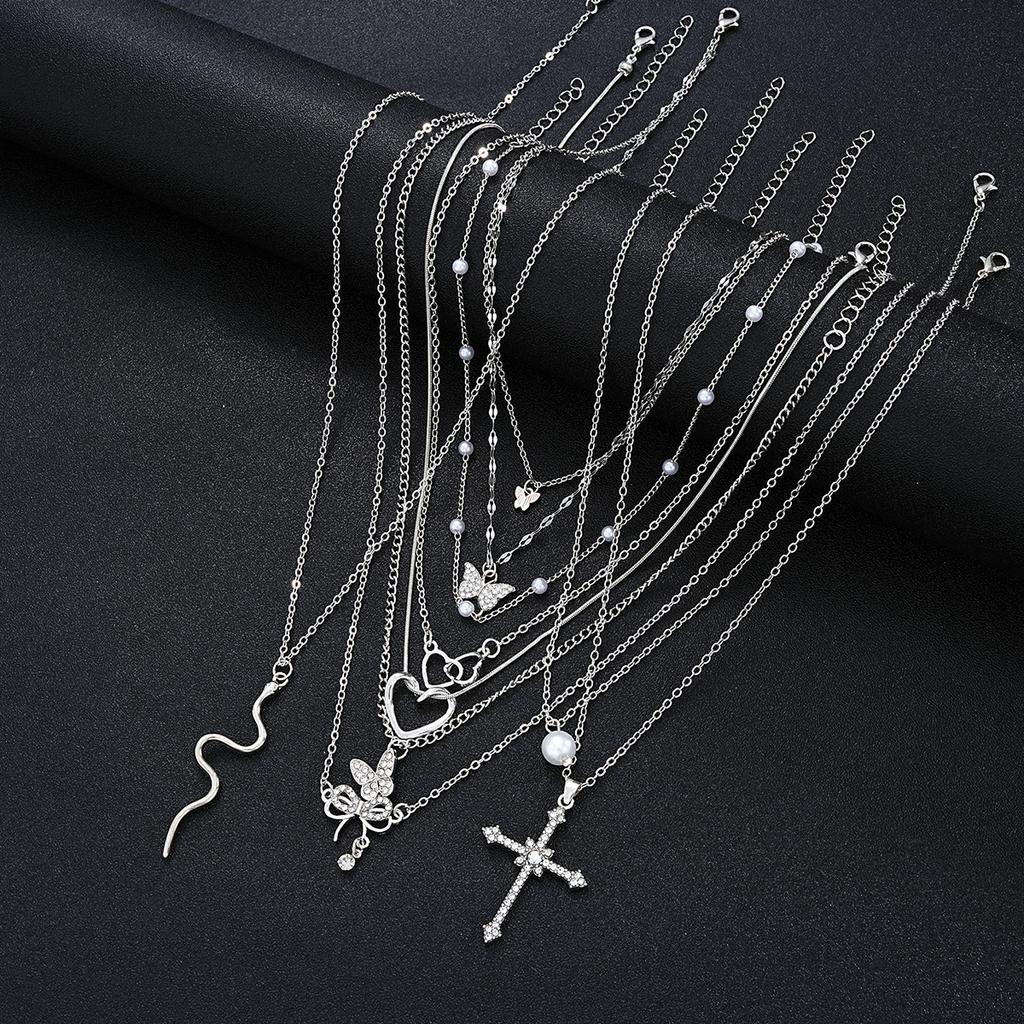 9pcs Elegant Necklace Set For Women Sparkling Rhinestones Cute Butterfly Heart Cross Bow Pendant Necklaces Party Jewelry Gifts