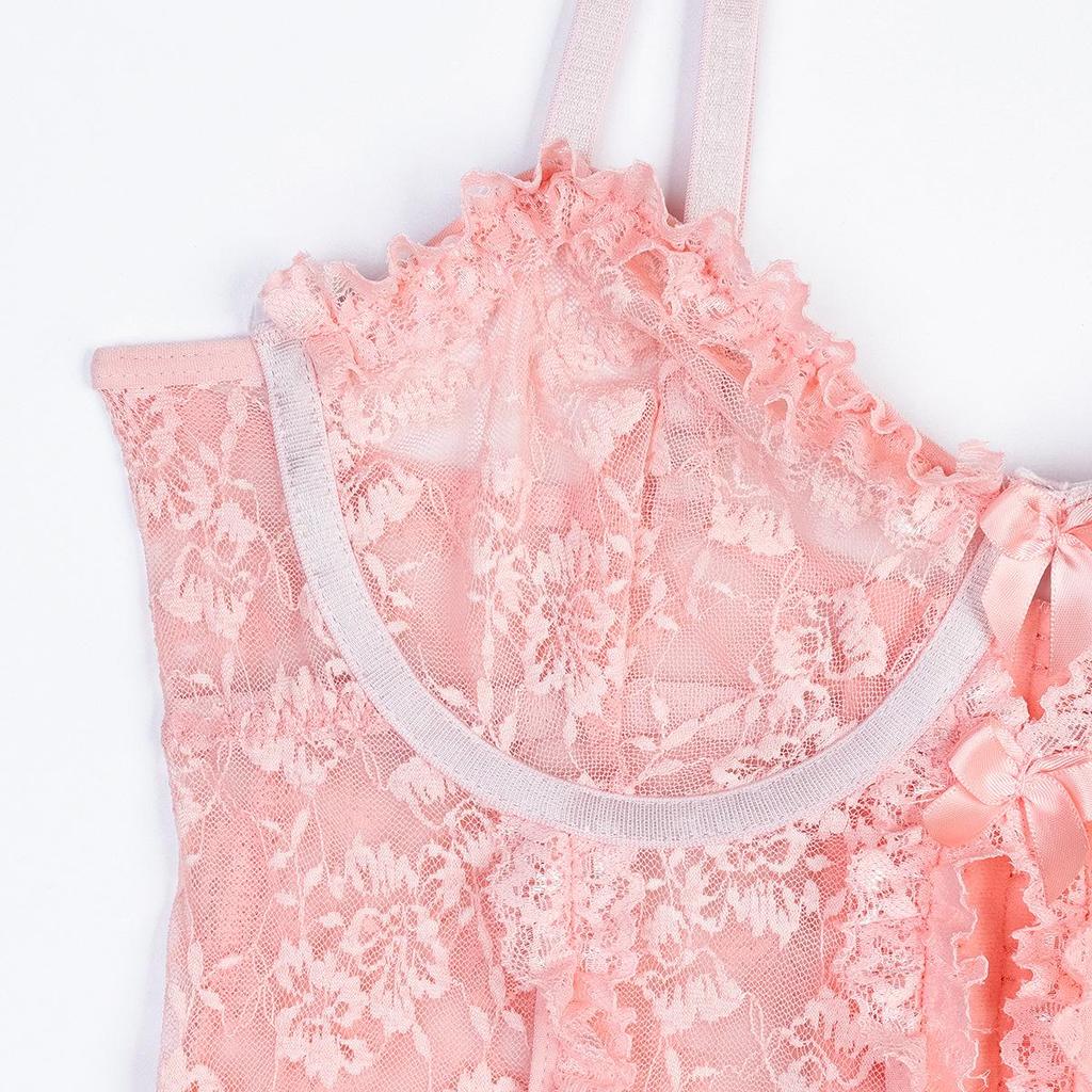 Aduloty Новое сексуальное нижнее белье, розовое кружевное плиссированное кружевное полое свежее и милое маленькое прозрачное платье на подтяжках
