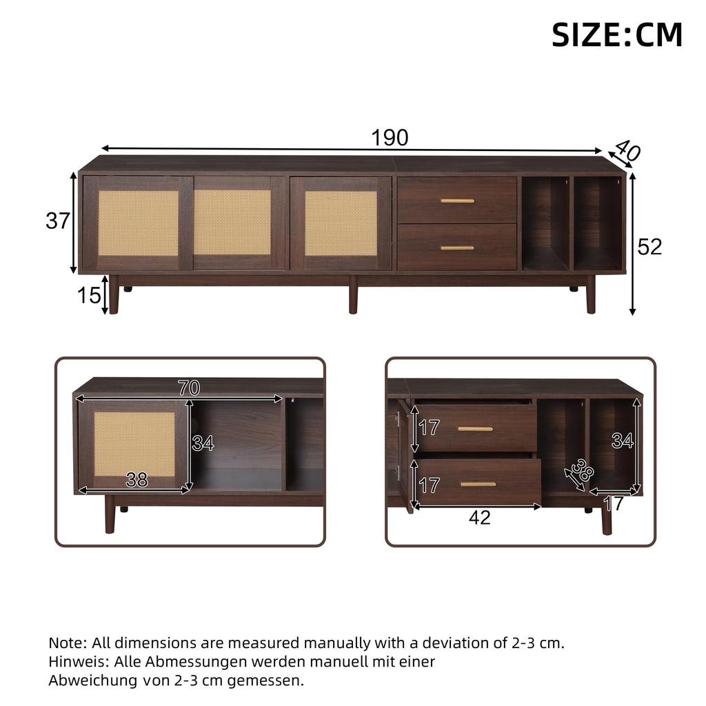 TV Ständer, Lowboard TV Board Schublade, Offene Staufächer, TV-Schrank Landhausstil Sideboard, Fernsehschrank Wohnzimmer Esszimmer, 190cm, Braun