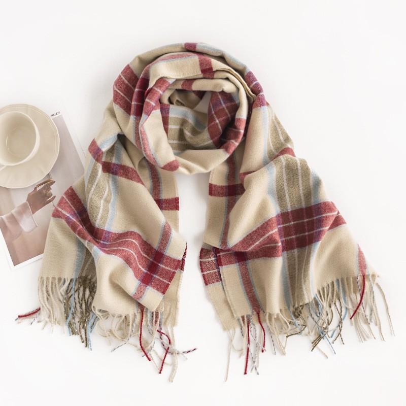Plaid Knit Scarf With Tassels Warm Faux Cashmere Shawl Women Winter Fashionable Long Wrap