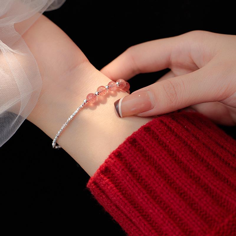 Браслет Banyan Tree S925 из розового кварца с бусами из клубничного кристалла - женский подарок девушке с предсказанием судьбы в виде цветка персика