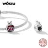 WOSTU Стерлингового серебра 925 пробы, изысканный темно-красный узор, божья коровка, насекомое, подвеска из бисера для оригинального браслета «сделай сам», ювелирное изделие, подарок для девочки