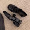 IPPEUM Mary Jane Shoes Women Black Pu Leather Buckle Round Toe Low Heel Loafers Shoes