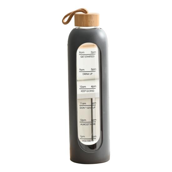 Стеклянная Бутылка для Воды 1 Литр Питьевая Бутылка с Отметками Времени Силиконовый Чехол Герметичная Крышка с Носиком Широкое Горлышко Стакан для Воды