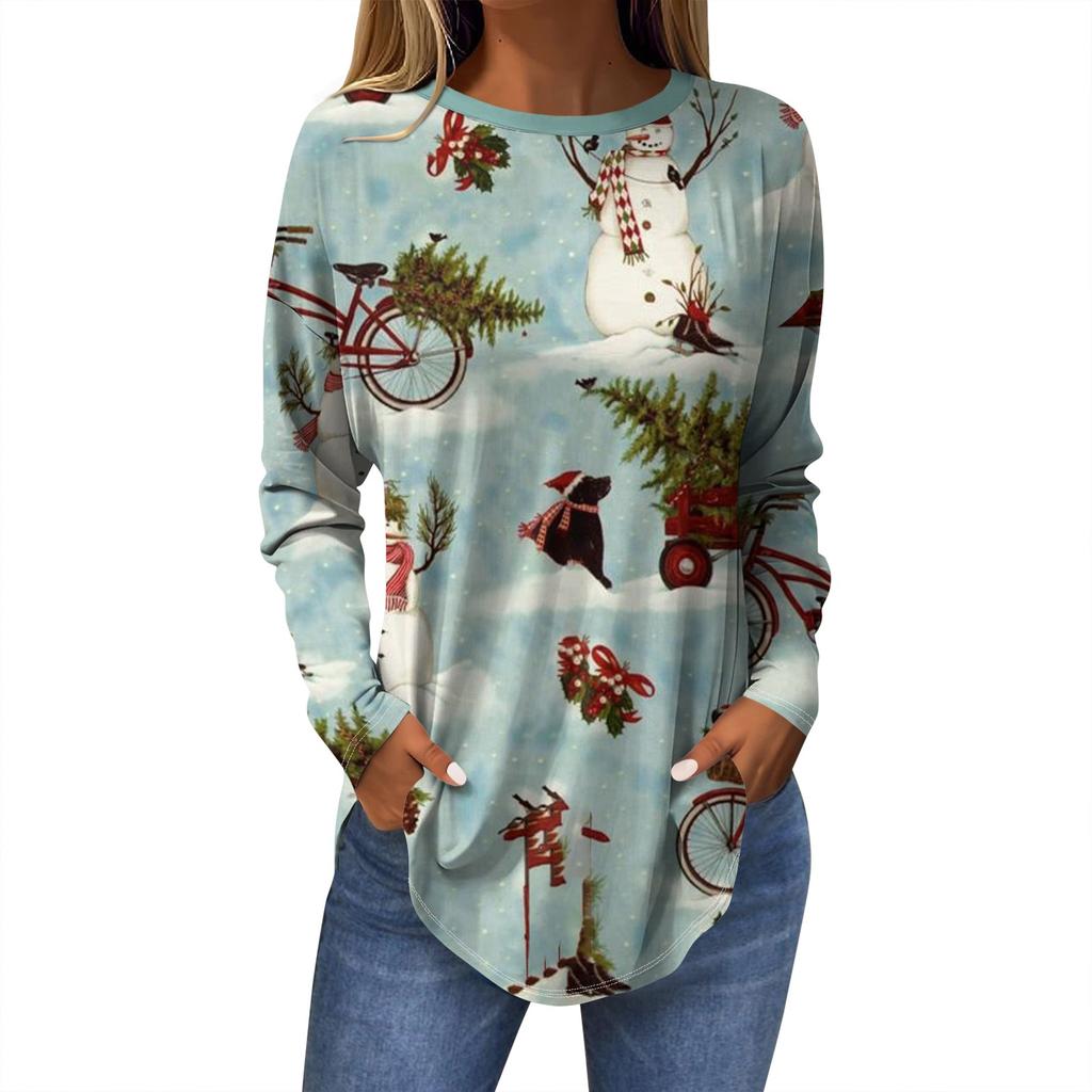 Женская модная повседневная футболка с круглым вырезом и длинным рукавом с рождественским принтом