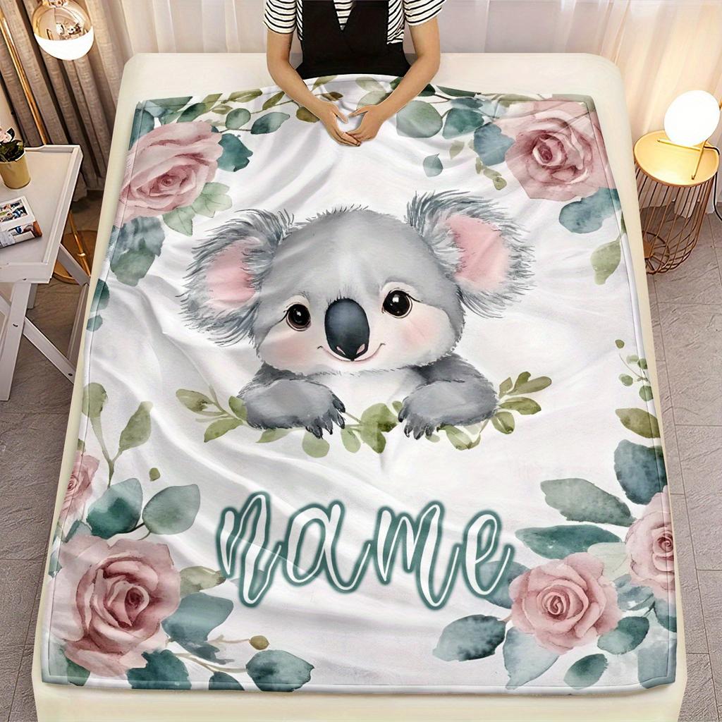 Soft Flannel Throw Blanket Watercolor Koala Pink Rose Floral Print Lightweight Cozy Sofa Bed Home Decor Blanket