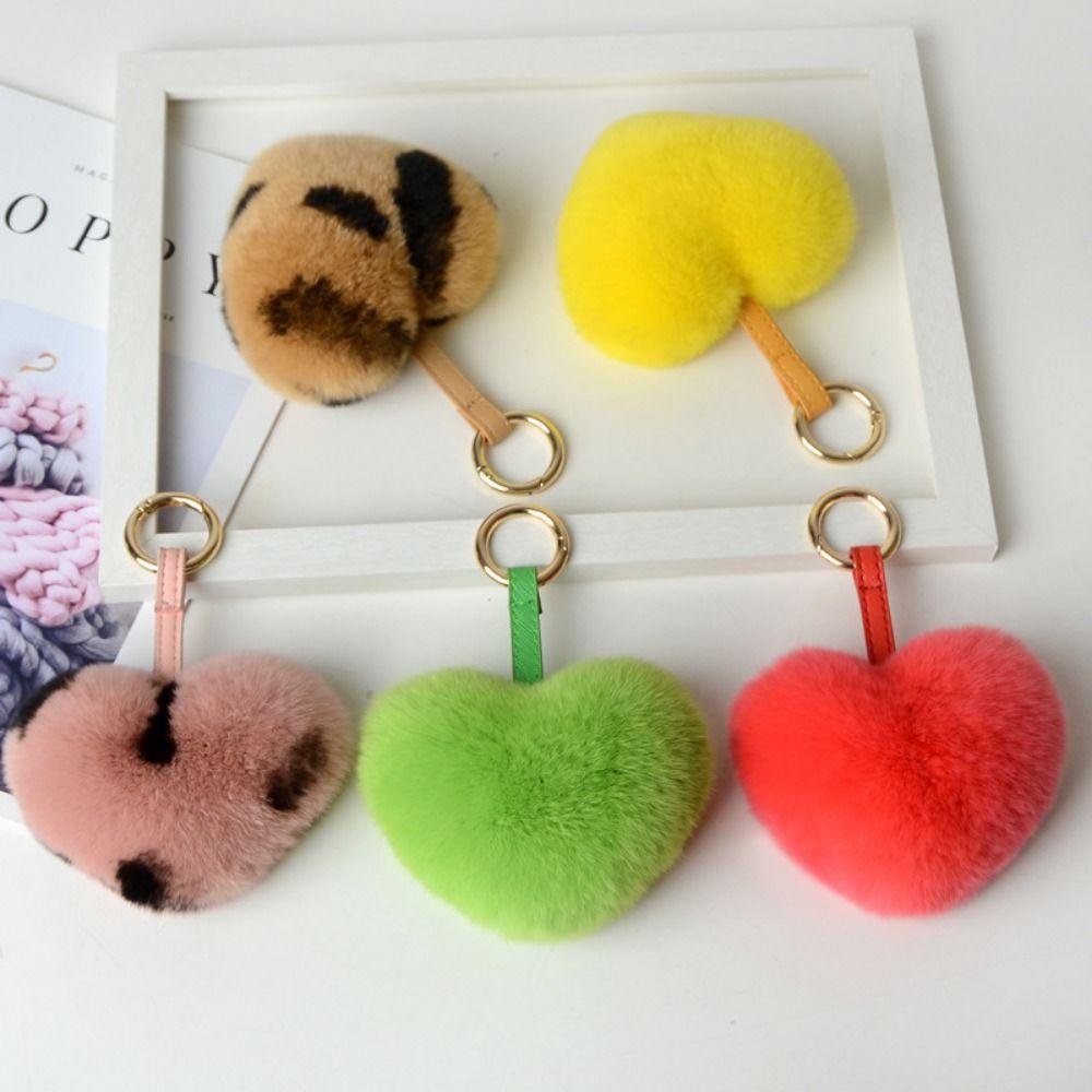 Rex Rabbit Fur Heart Fluffy Fur Keychain Cartoon Design Heart Plush Pendant Bag Decoration