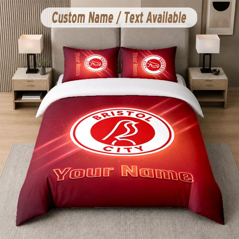 Custom Bedding Set Bristol City Pattern, Print Name Text 1 Duvet Cover plus 2 Pillowcases Home Textile