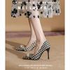 Туфли BITRE 2024 Весна Женские Туфли-лодочки Жемчужная Металлическая Цепочка Высокий каблук Клетчатый Зернистый Стилет Женские Каблуки Роскошные Банкетные Туфли