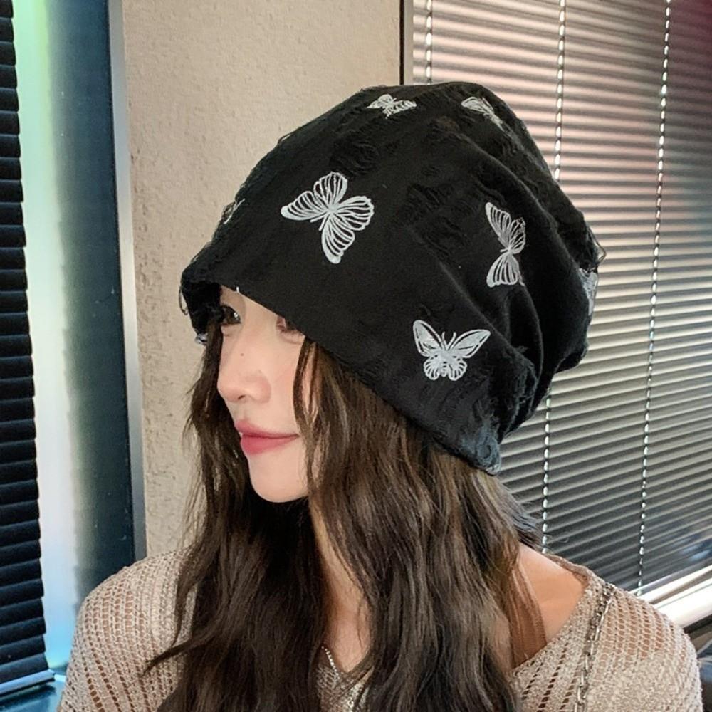 Holes Fleece Beanies Thickened Plush Pullover Hat Harajuku Butterfly Print Beanies Autumn