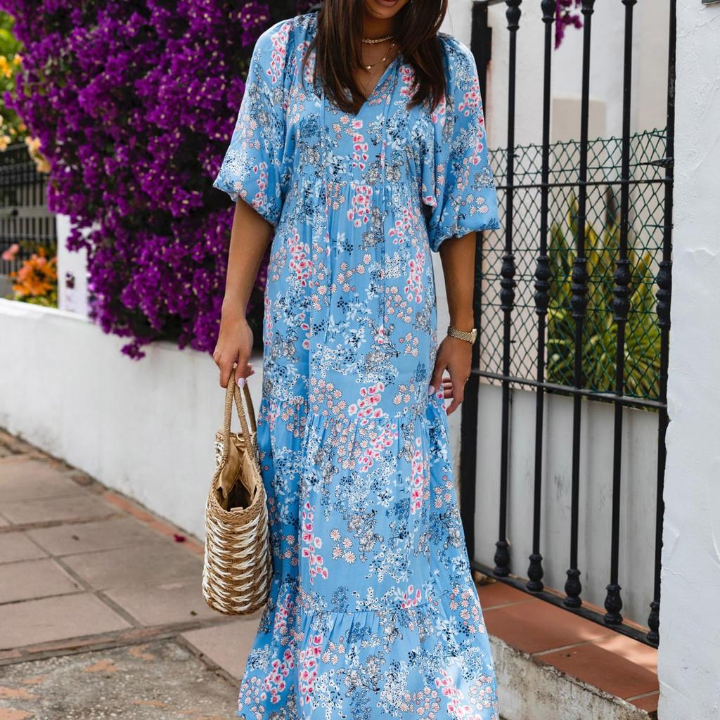 Women Floral Print Bohemian Long Dress Loose V-Neck Fashion Summer Beach Dress